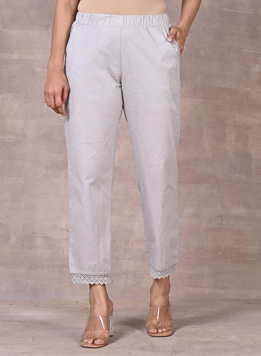 Buy Tjori Straight White Cotton Pants online